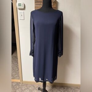 Sz6 Calvin Klein chiffon long sleeve dress. Midnight blue embellished NWOT